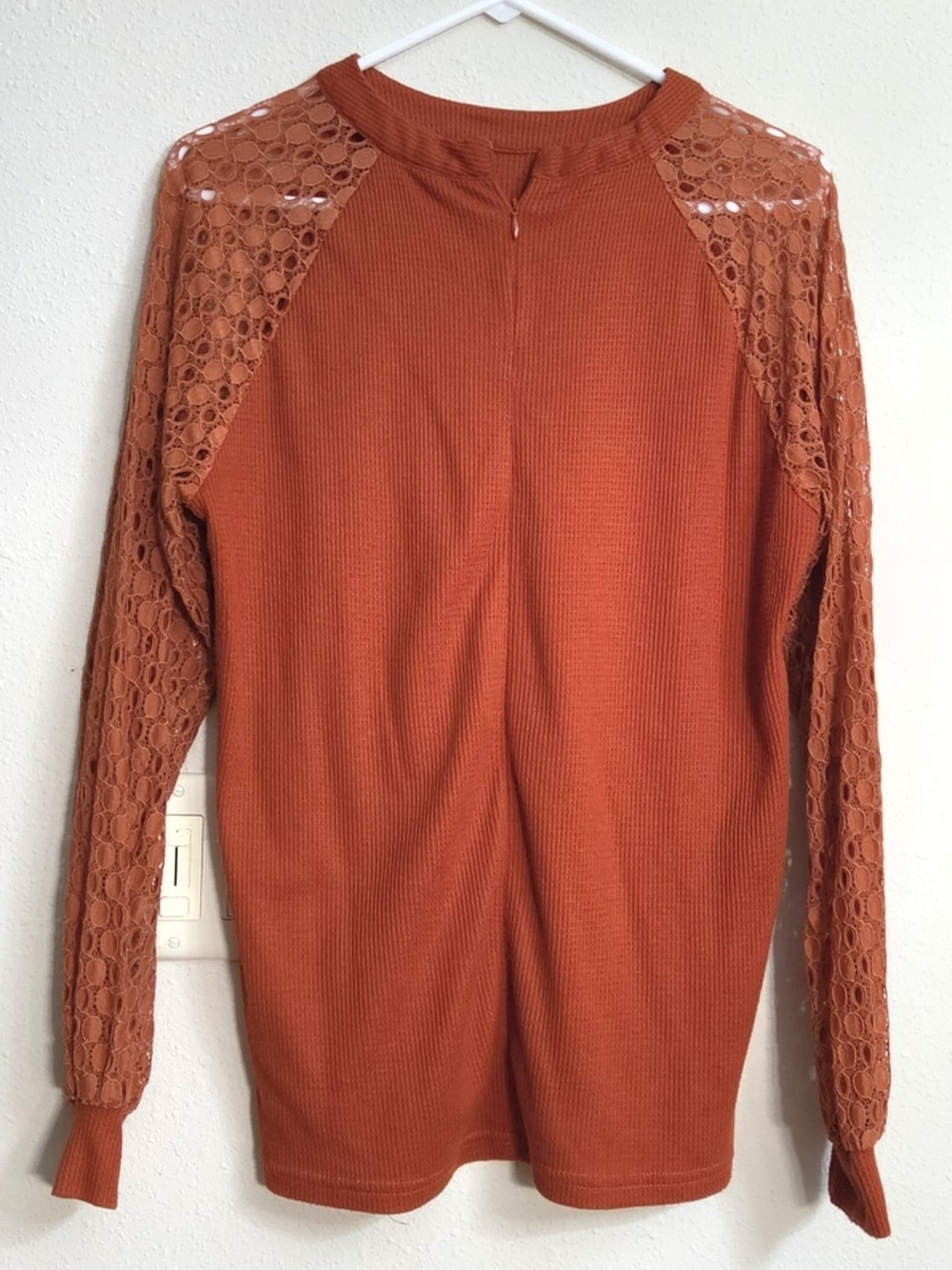 Womens Crewneck Lace-Sleeve Sweater in Rust Orange